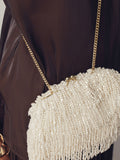 White Embellished Fringe Clutch Bag