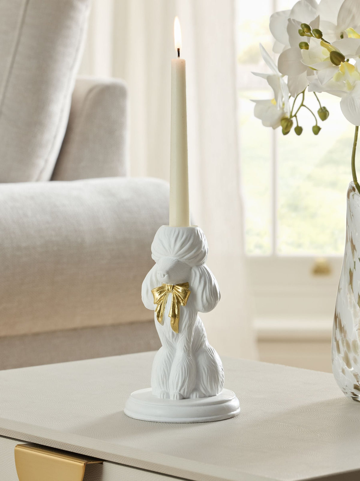 White poodle taper candle holder - British product