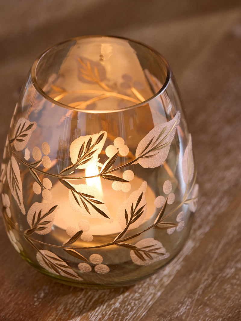 Glass tealight holder with gold etched leaf pattern 11.5cm, UK version