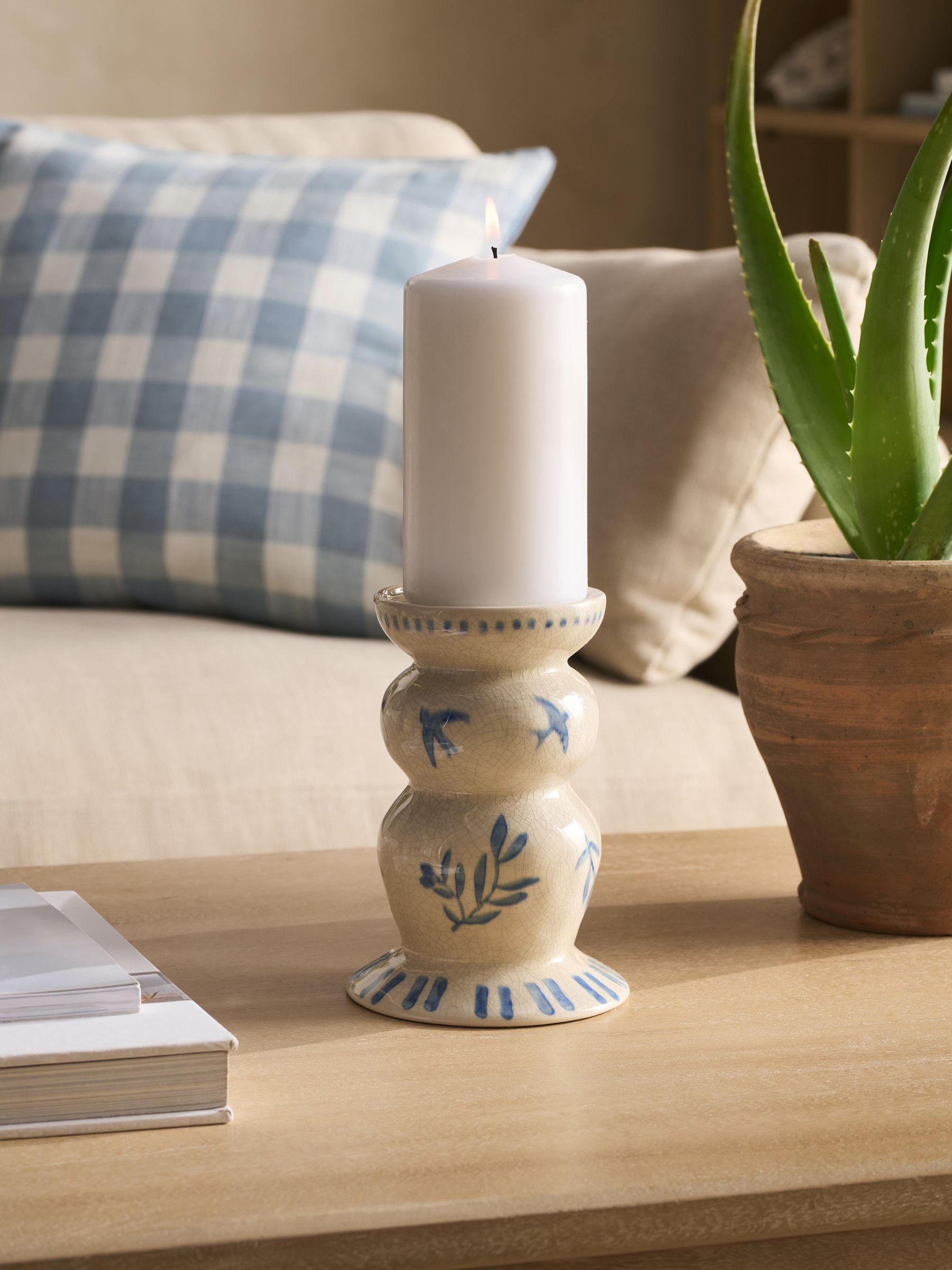 Ceramic pillar candle holder white and blue coastal 17cm (British brand)