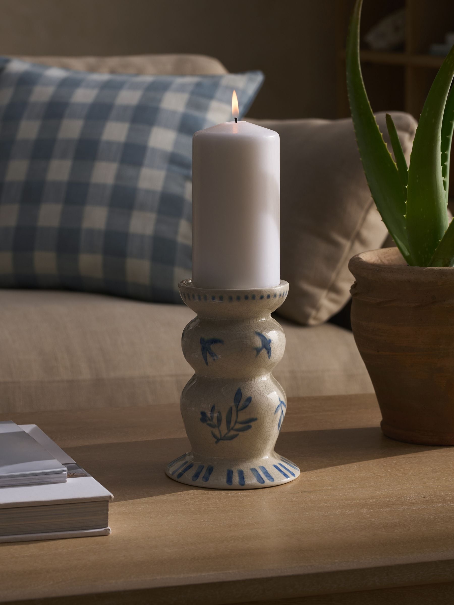 Ceramic pillar candle holder white and blue coastal 17cm (British brand)
