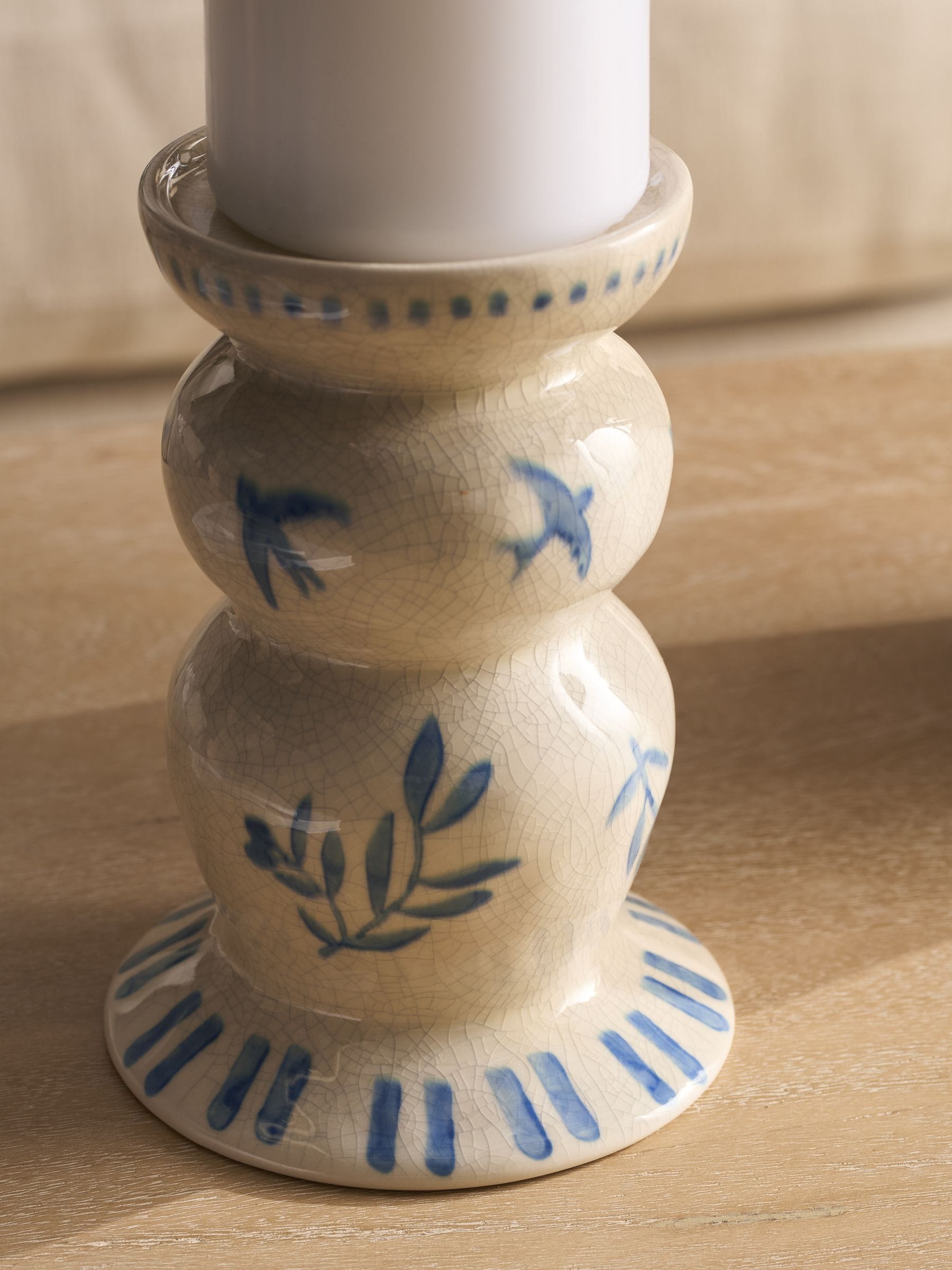 Ceramic pillar candle holder white and blue coastal 17cm (British brand)