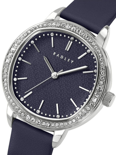 Next Radley Blue SIlver Tone 36mm Stone Set Ink Leather Strap Watch- Buy online at McGrocer