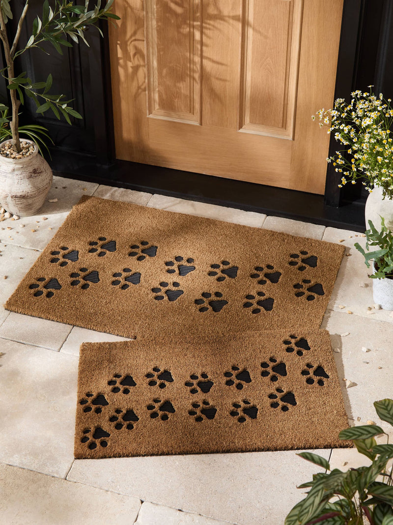 Natural embossed paw print coir doormat - British product