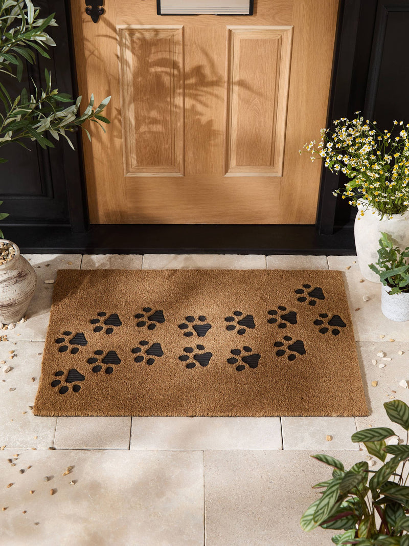 Natural embossed paw print coir doormat - British product