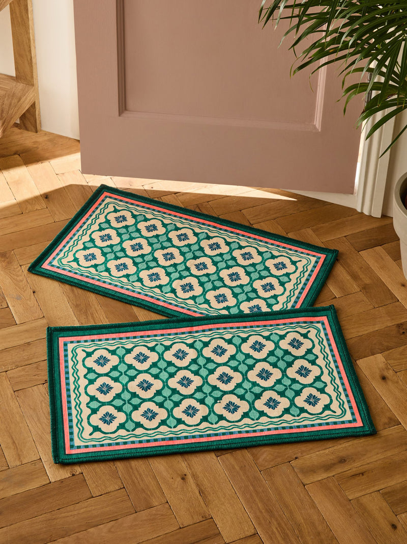 Blue tile doormat set of 2, machine washable (British brand)