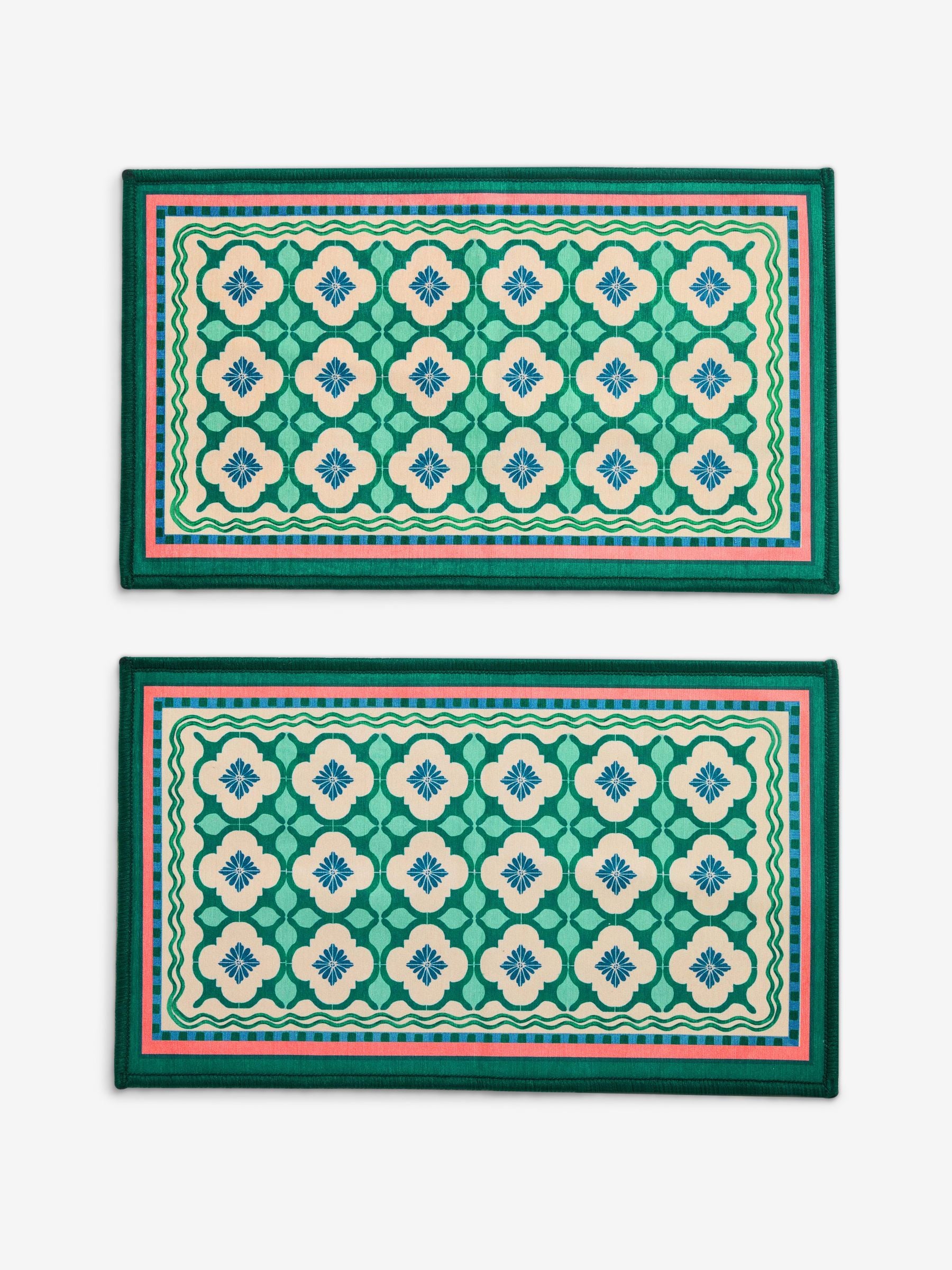 Blue tile doormat set of 2, machine washable (British brand)