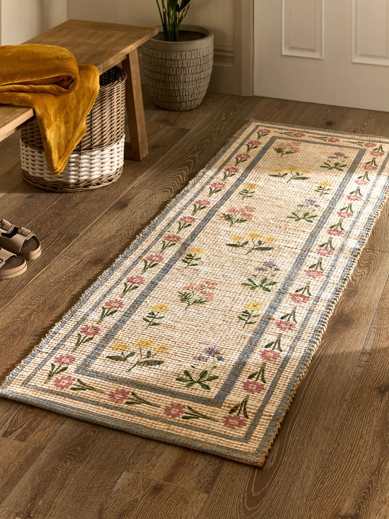 Natural MAISIE floral border jute runner, imported from the UK
