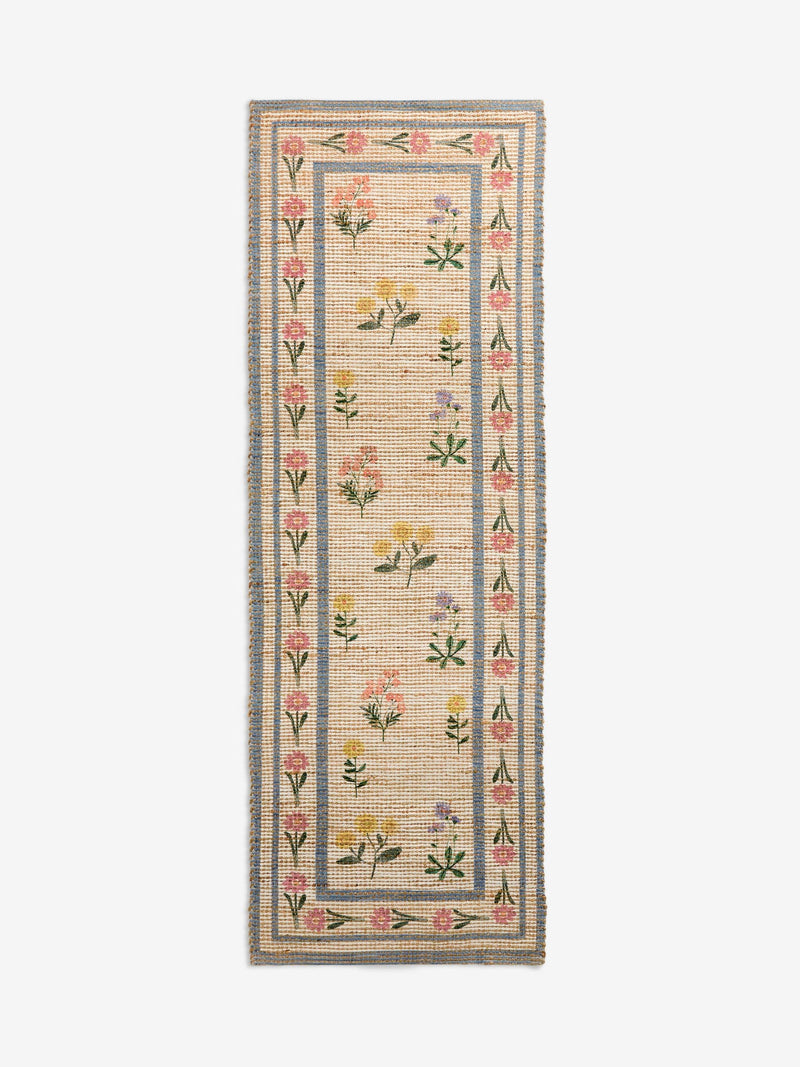 Natural MAISIE floral border jute runner, imported from the UK