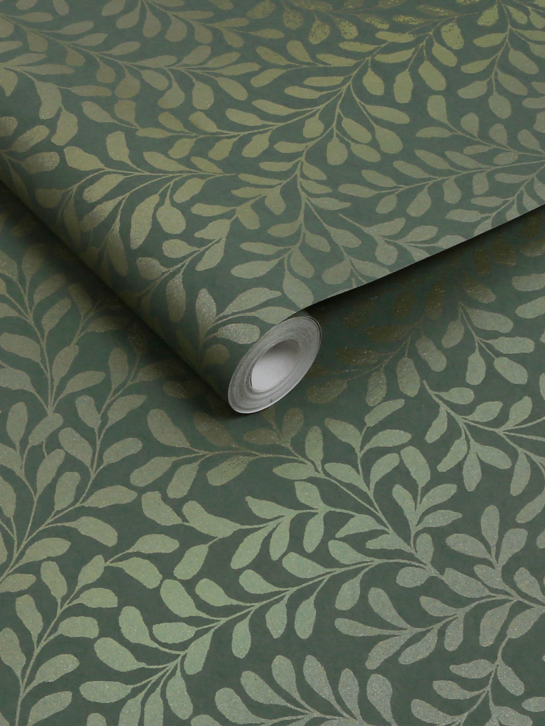 Graham & Brown Olive Gilded Leaf 10M Wallpaper