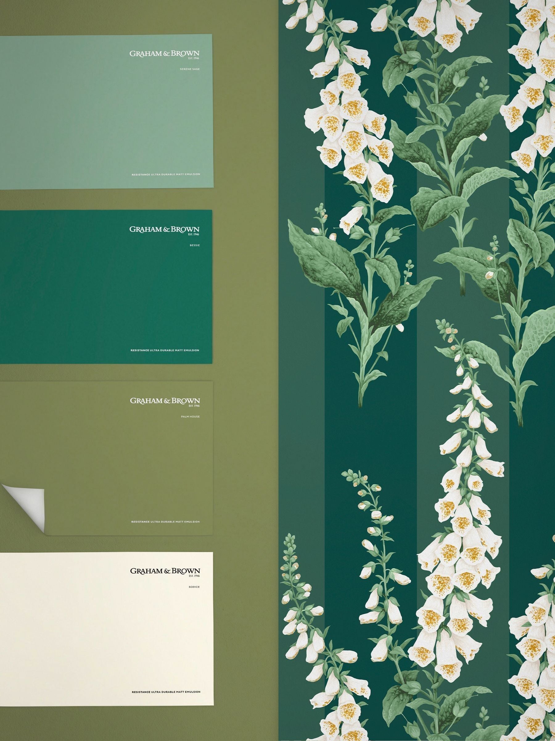 Graham & Brown Teal Foxglove wallpaper sample A4 (British brand)