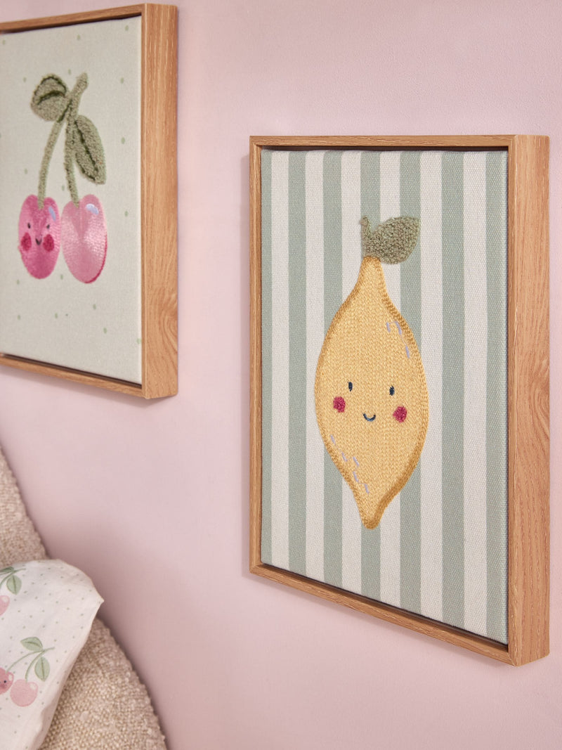 Jojo Maman Bébé embroidered fruit wall art set of three pieces 20cm x 25cm, imported from the UK