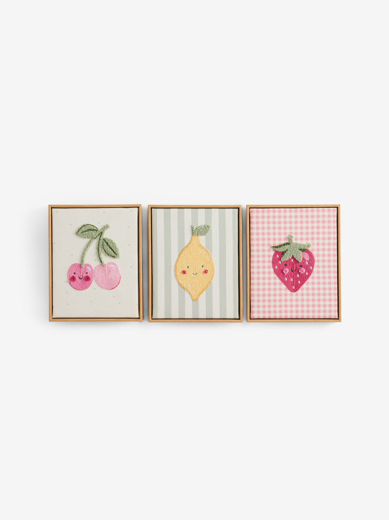Jojo Maman Bébé embroidered fruit wall art set of three pieces 20cm x 25cm, imported from the UK