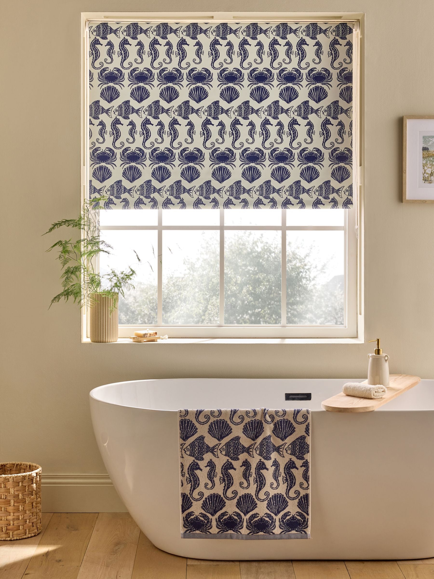 Blue seahorse print blackout roller blind for bathroom (British brand)