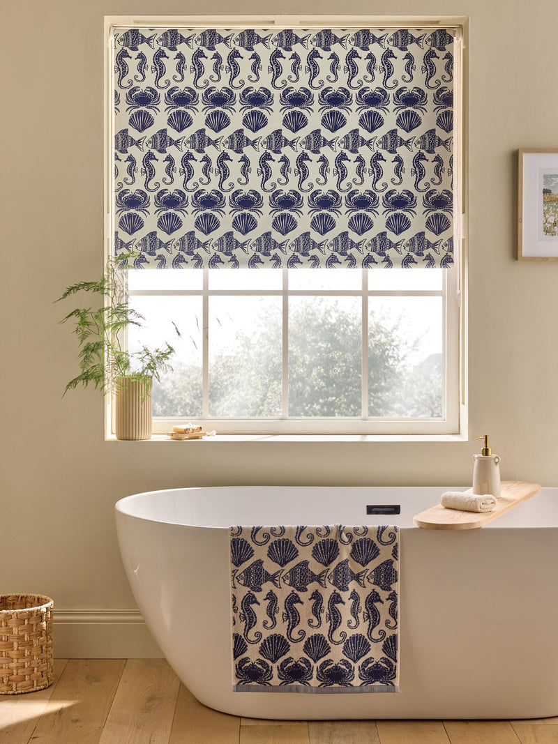 Blue seahorse print blackout roller blind for bathroom (British brand)
