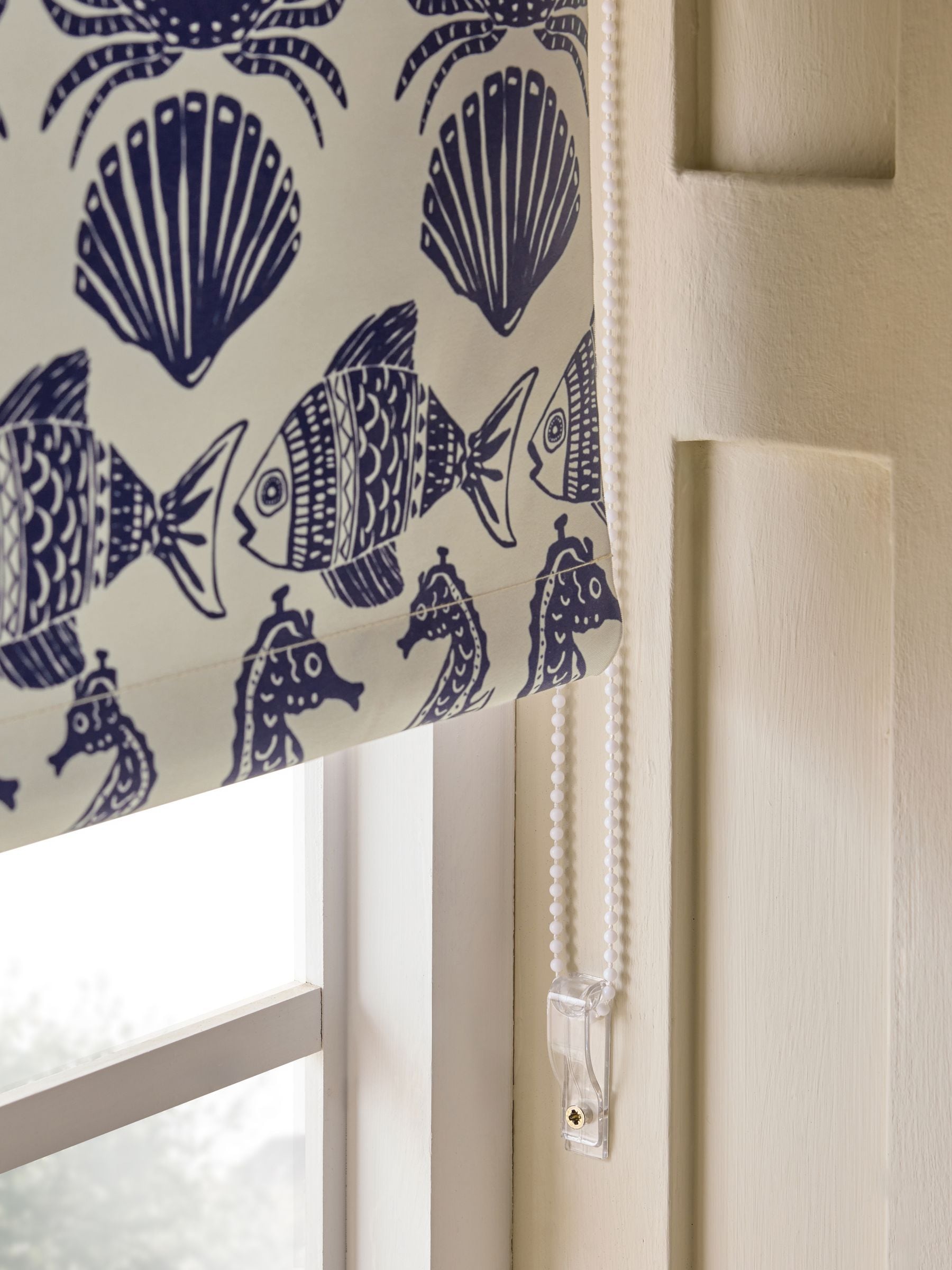 Blue seahorse print blackout roller blind for bathroom (British brand)