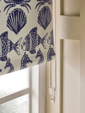 Blue seahorse print blackout roller blind for bathroom (British brand)