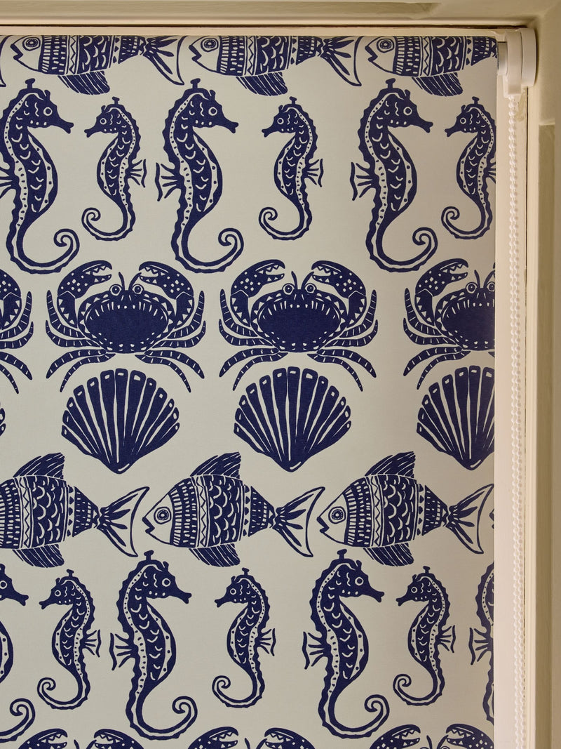 Blue seahorse print blackout roller blind for bathroom (British brand)