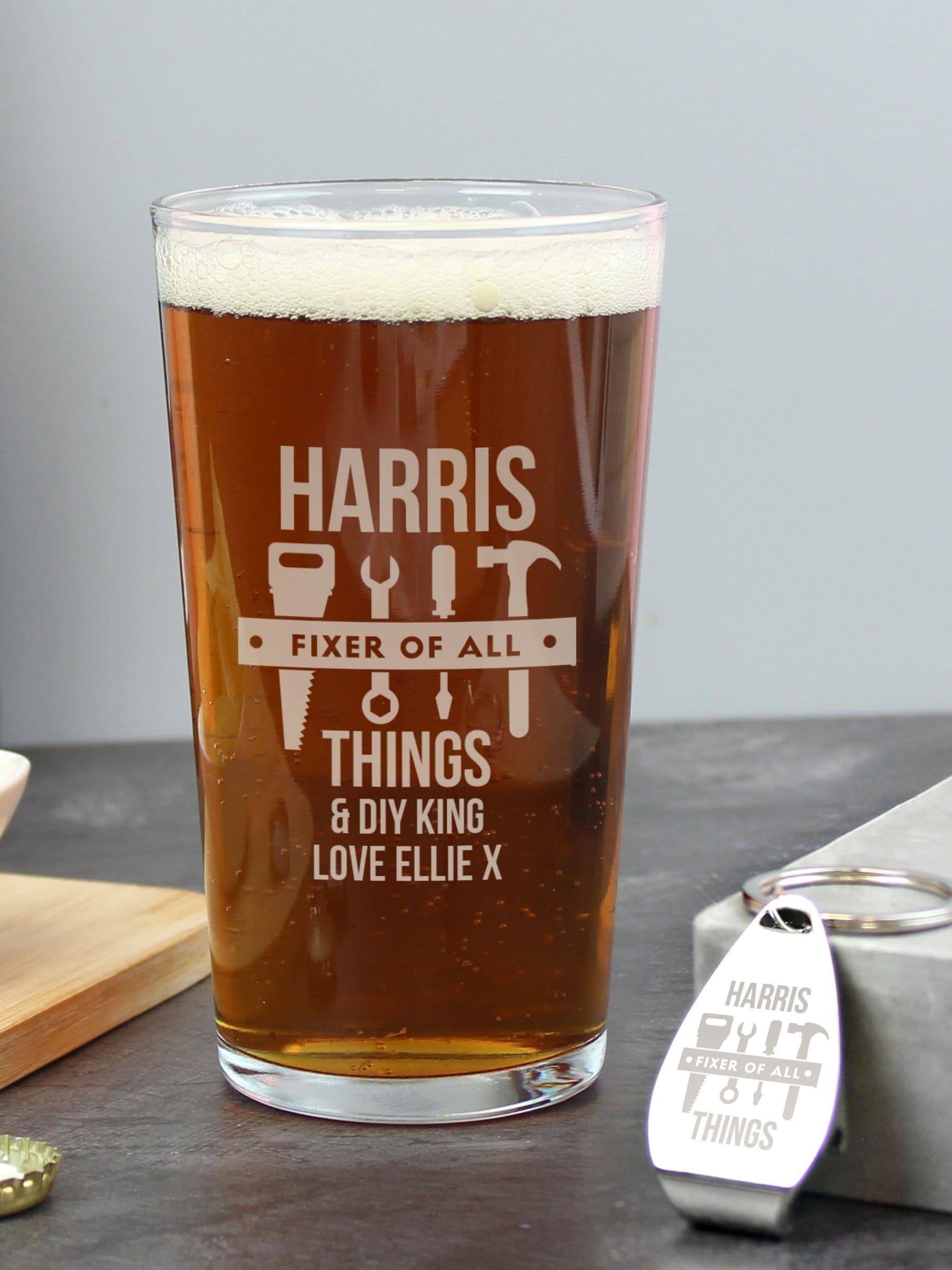 PMC personalised pint glass and bottle opener set - British product