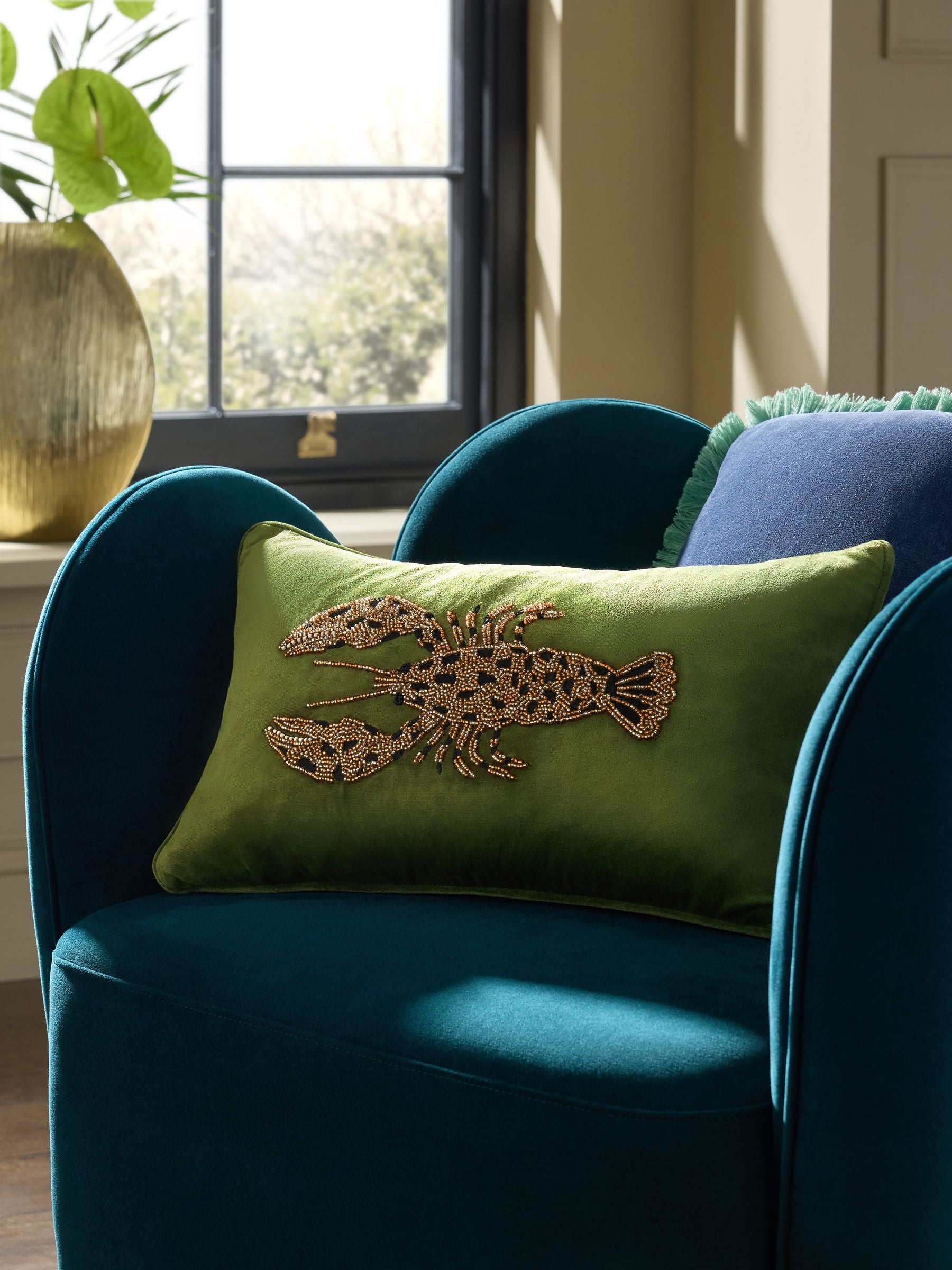 Green velvet embellished lobster cushion 50x30cm (British brand)