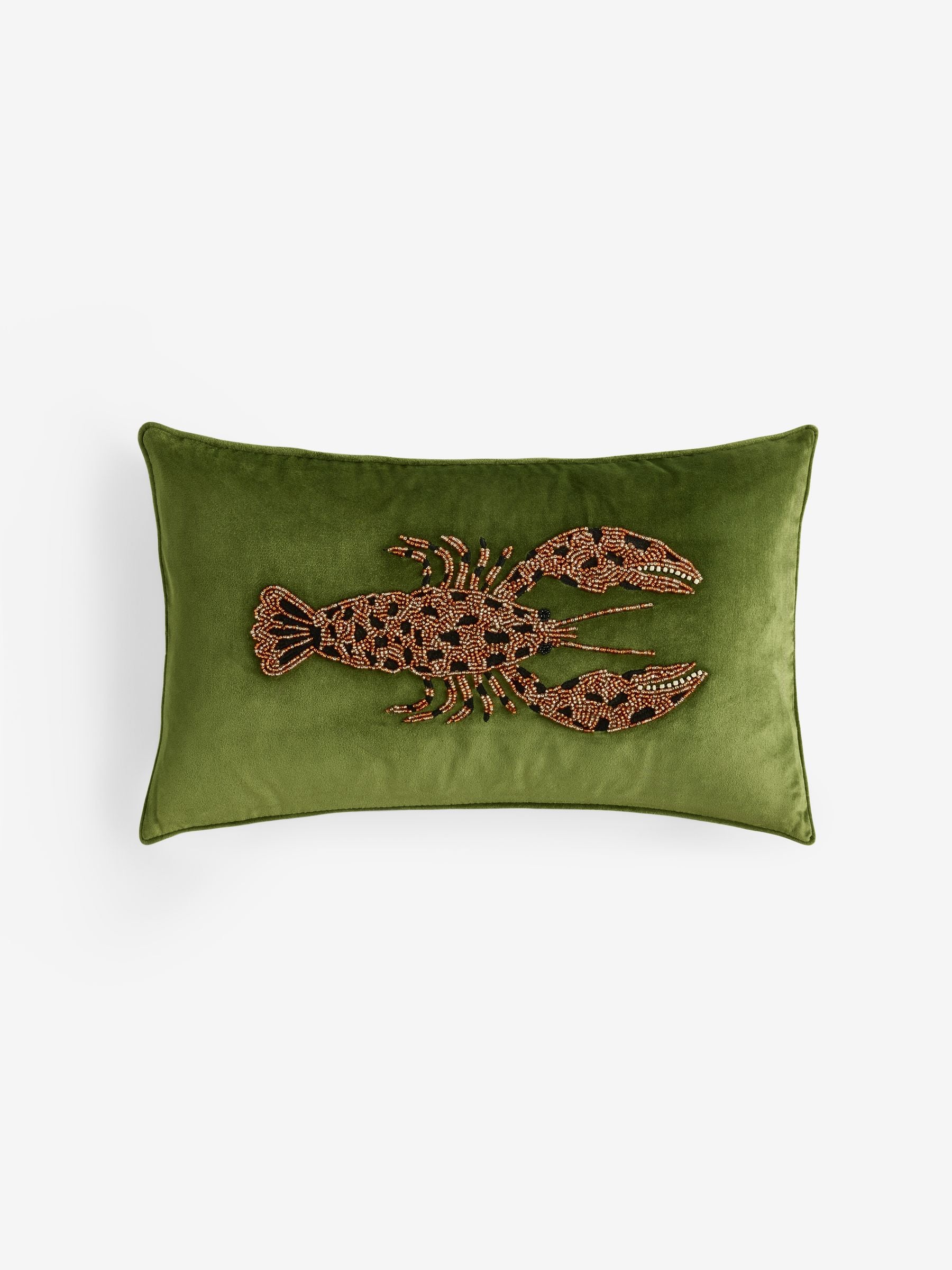 Green velvet embellished lobster cushion 50x30cm (British brand)