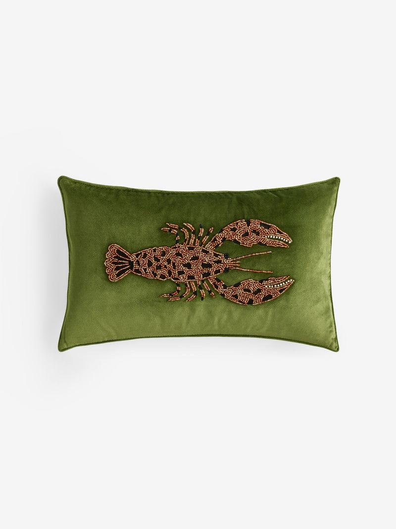 Green velvet embellished lobster cushion 50x30cm (British brand)