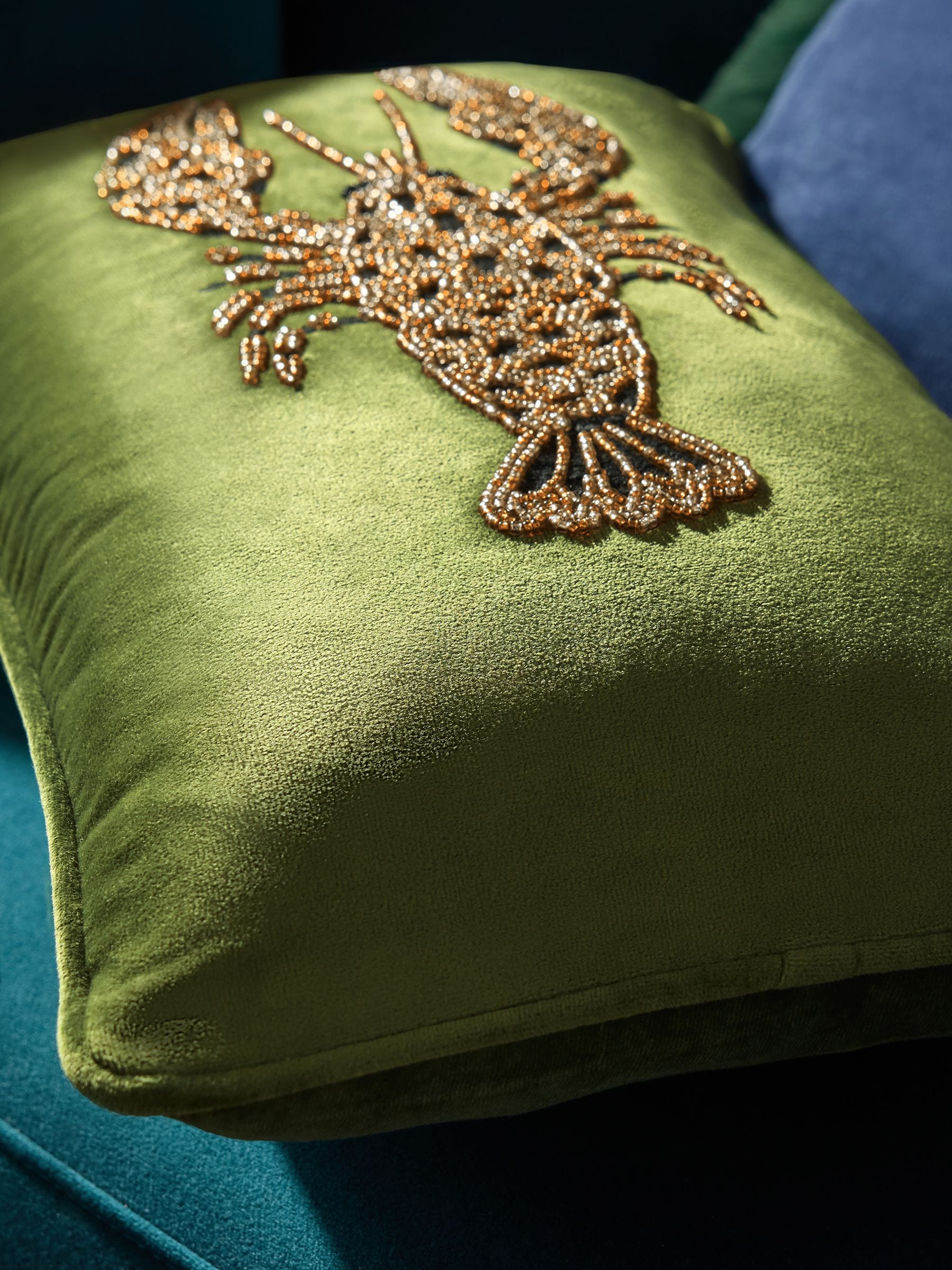 Green velvet embellished lobster cushion 50x30cm (British brand)
