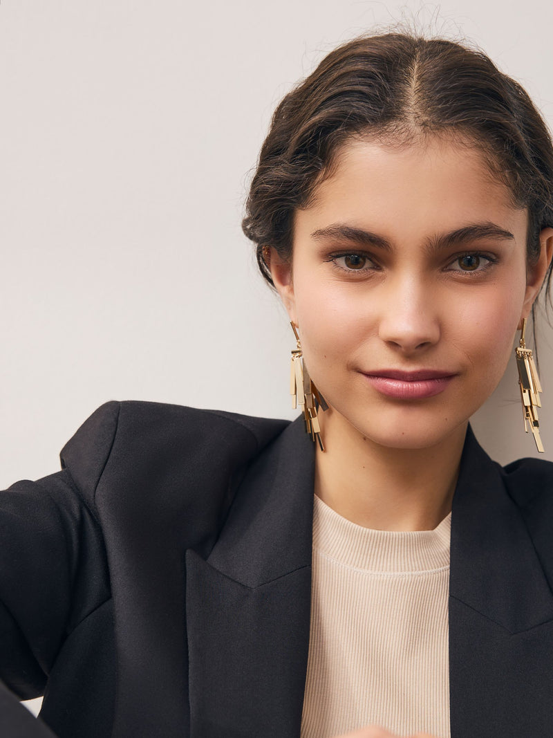 Gold tone fan cascade statement pierced earrings - British product