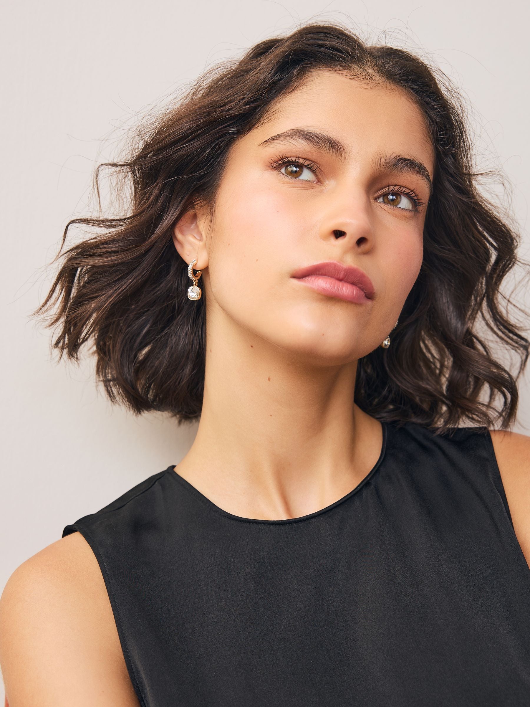 Gold tone square stone drop pavé hoop earrings, UK version