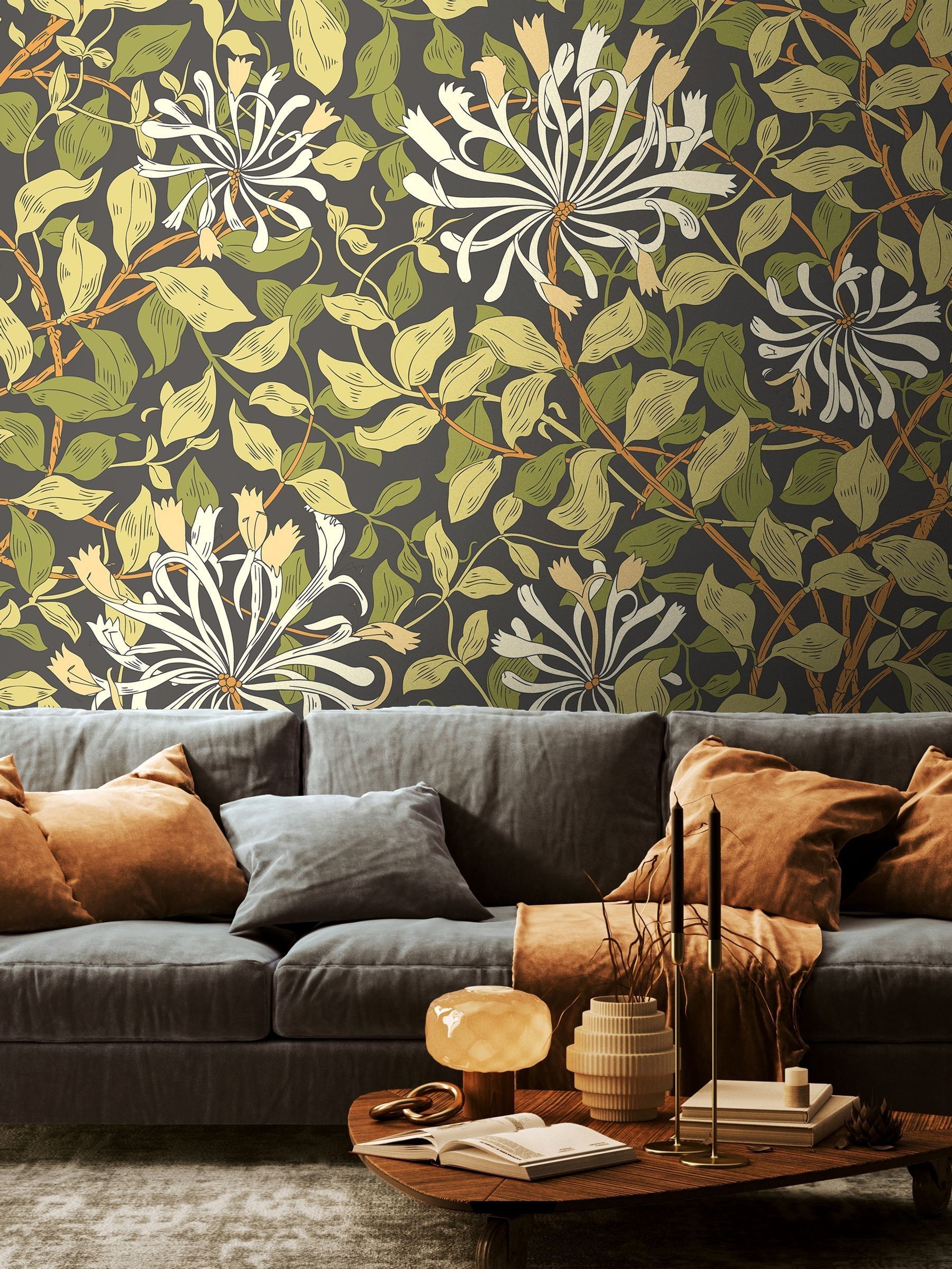 Origin Murals Black and Olive Green Honeysuckle 2.8m x 3.5m Wall Mural
