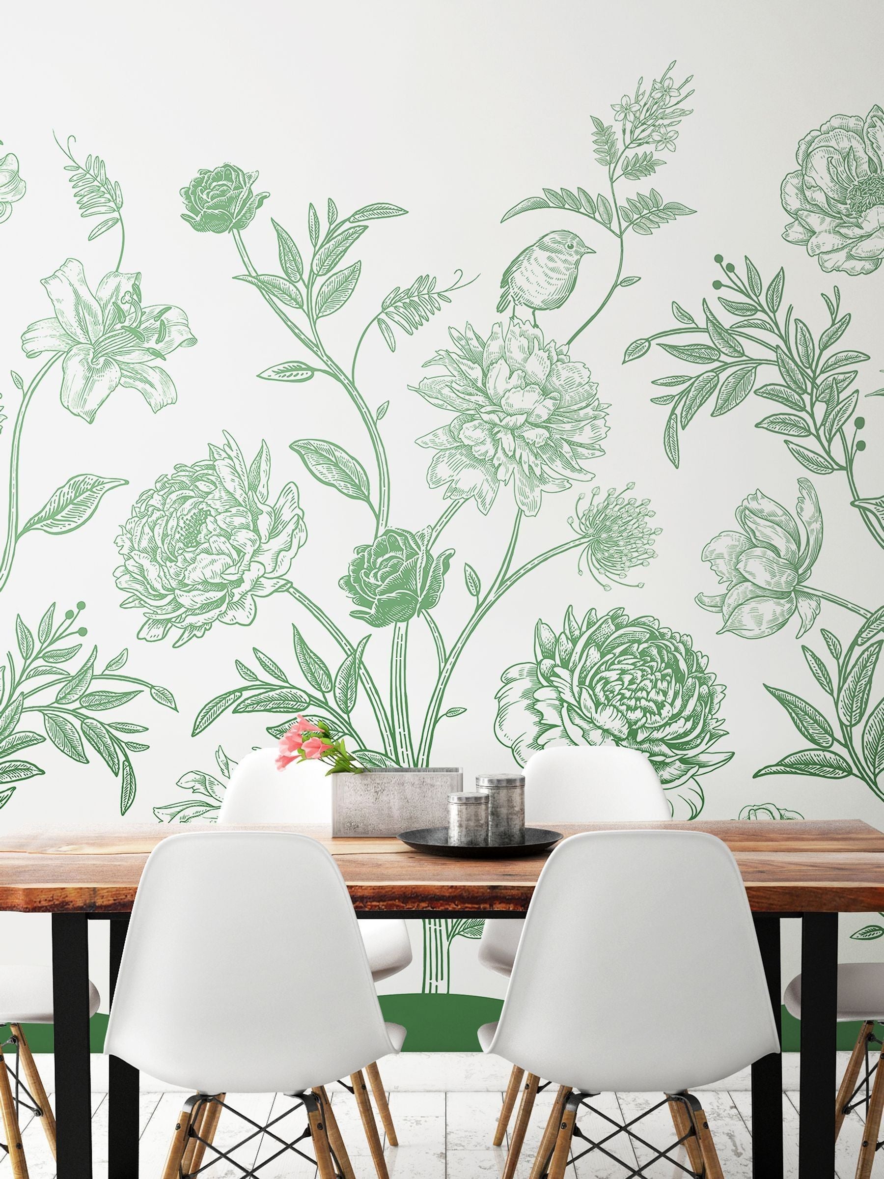 Origin Murals Green Jacobean Rose Trail 2.8m x 3.5m Wall Mural