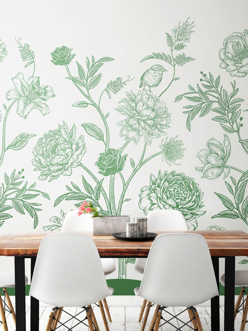 Origin Murals Green Jacobean Rose Trail 2.8m x 3.5m Wall Mural