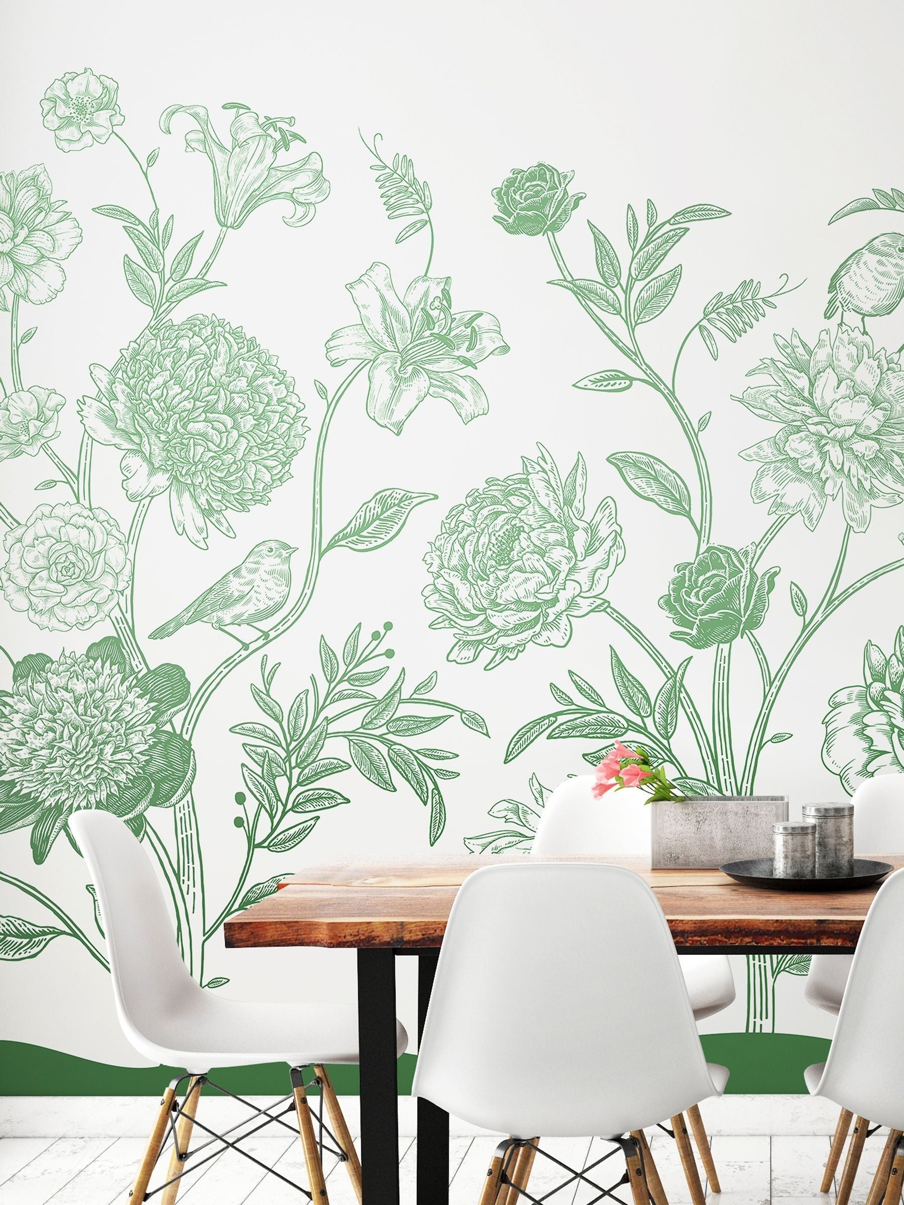 Origin Murals Green Jacobean Rose Trail 2.8m x 3.5m Wall Mural