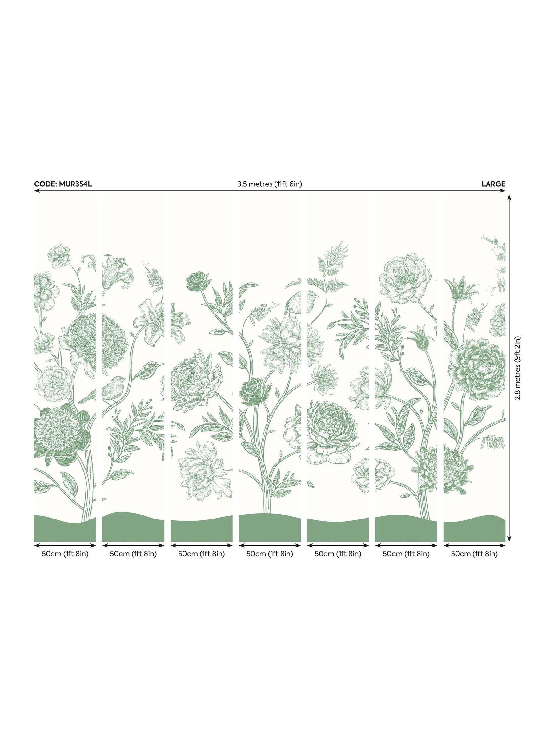 Origin Murals Green Jacobean Rose Trail 2.8m x 3.5m Wall Mural
