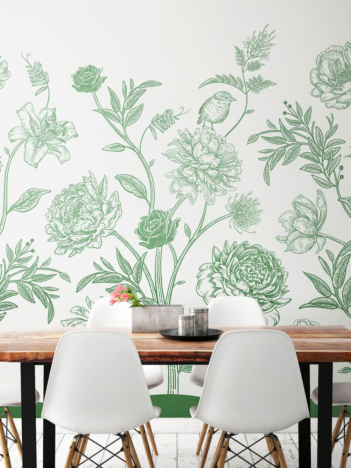 Origin Murals Green Jacobean Rose Trail 2.8m x 3.5m Wall Mural