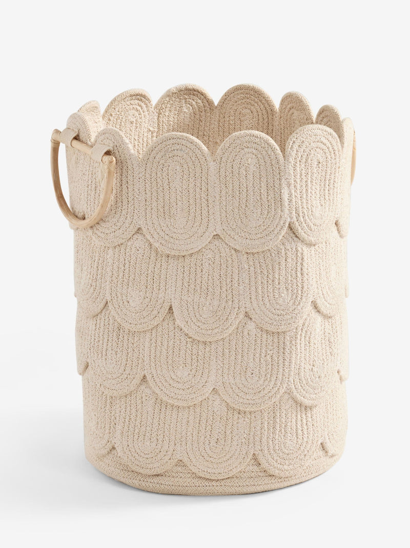 Neutral swirl rope storage basket with bamboo handles, UK version