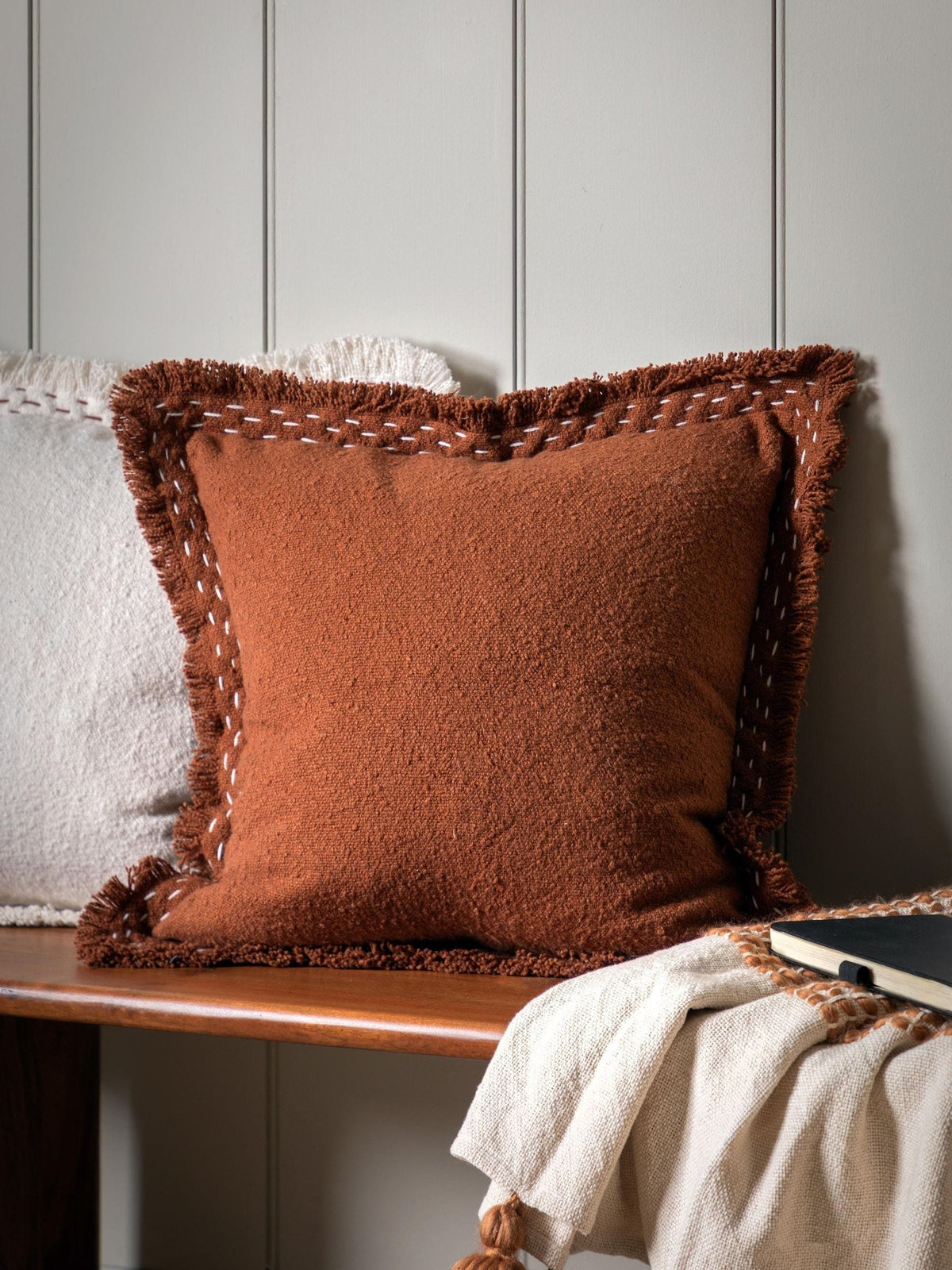 Gallery Home orange stitched fringed cushion 45x45cm - British product