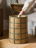 Seagrass laundry basket sage green check with lid and handles, imported from the UK