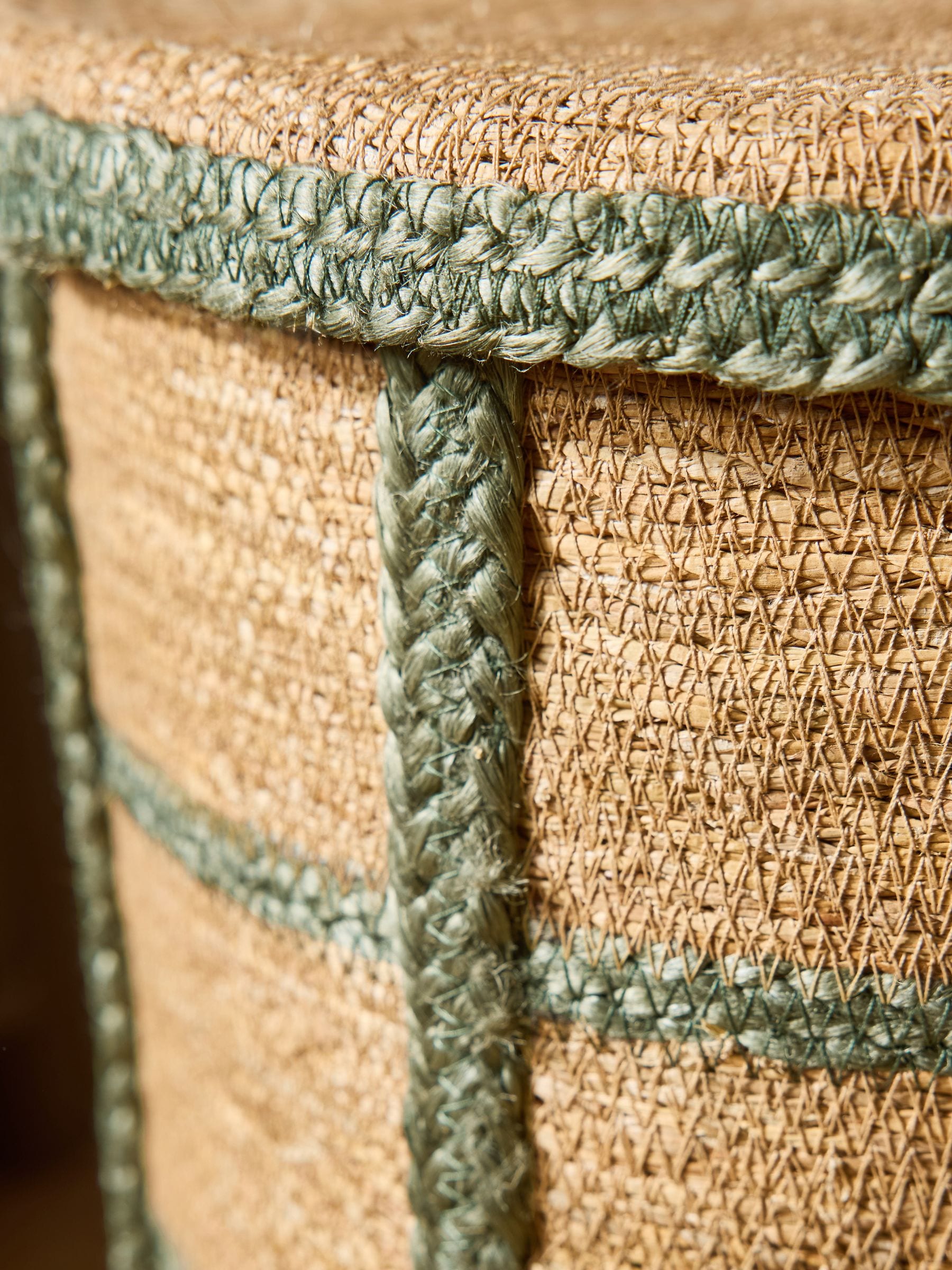 Seagrass laundry basket sage green check with lid and handles, imported from the UK