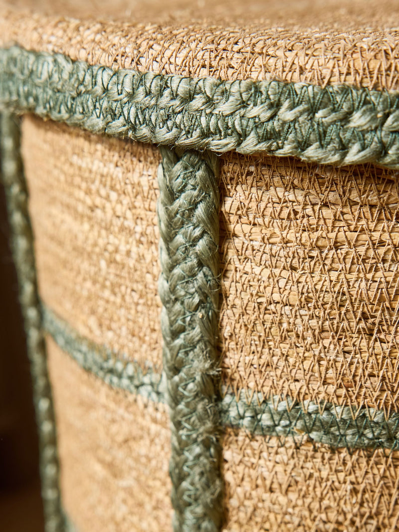 Seagrass laundry basket sage green check with lid and handles, imported from the UK