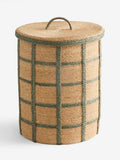 Seagrass laundry basket sage green check with lid and handles, imported from the UK