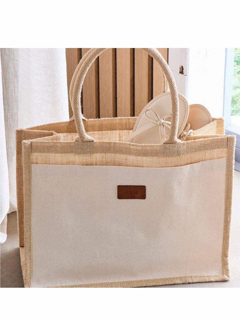 Koko Blossom personalised cotton tote bag with leather patch, imported from the UK