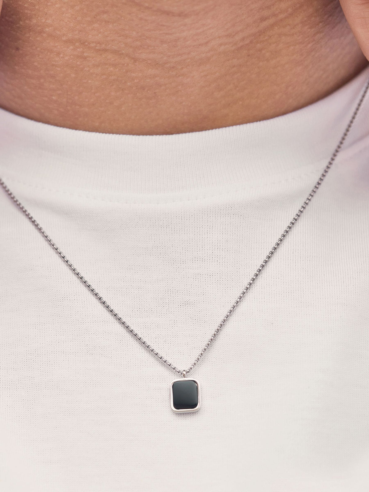 Bartlett London silver tone square onyx pendant necklace - British product