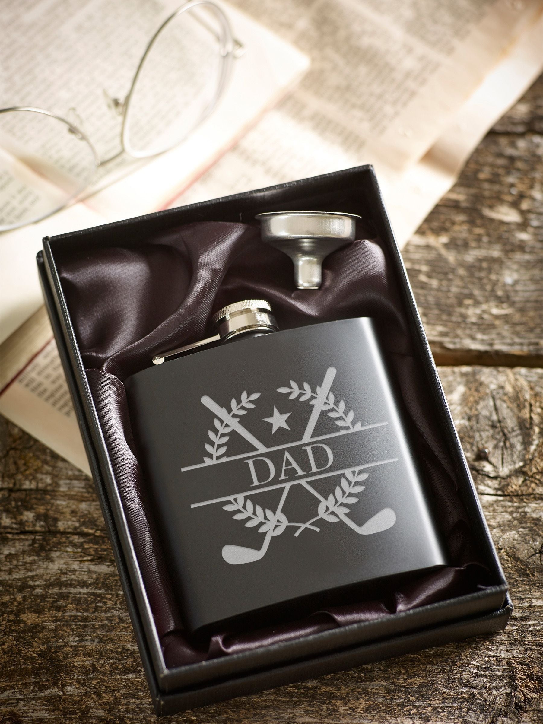 Loveabode personalised crest hip flask matt black, UK version