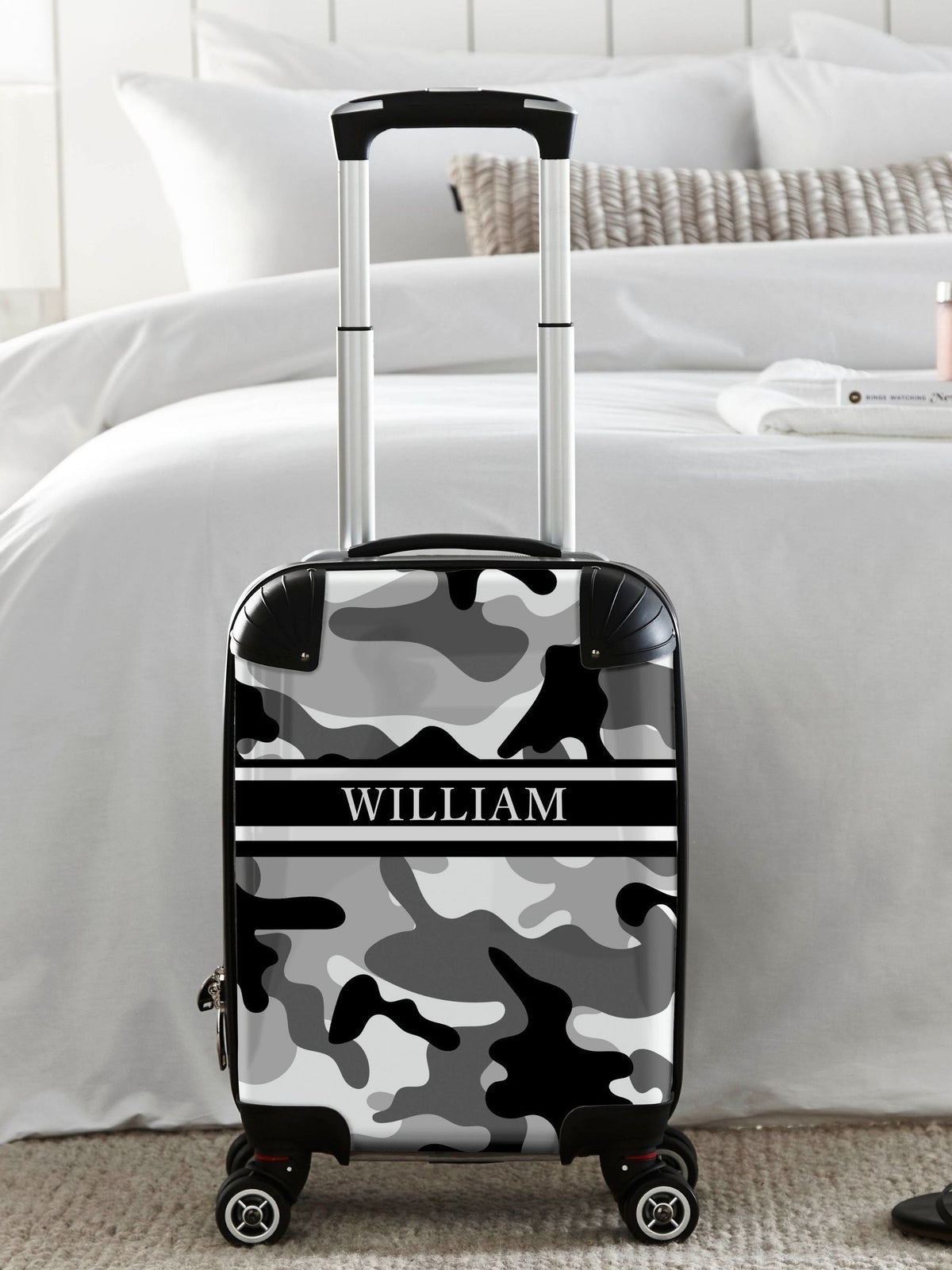 Koko Blossom personalised camoflage suitcase, imported from the UK