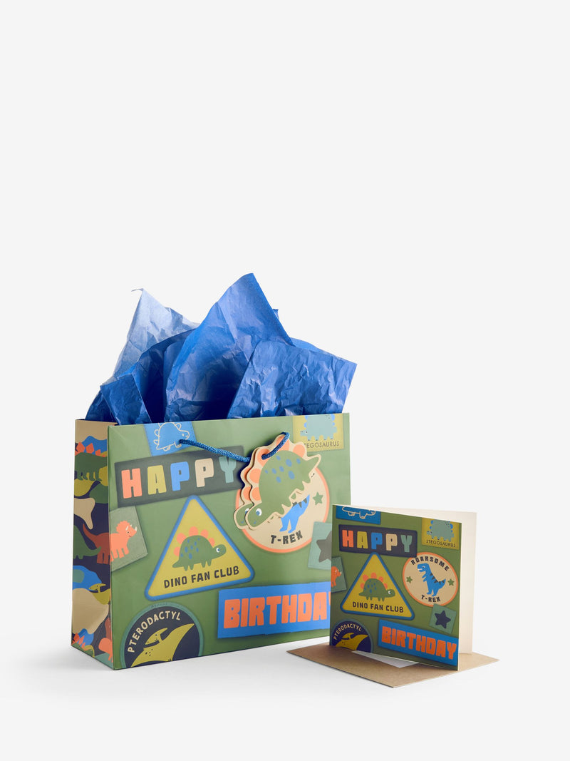 Green dinosaur medium gift bag and card set - British product