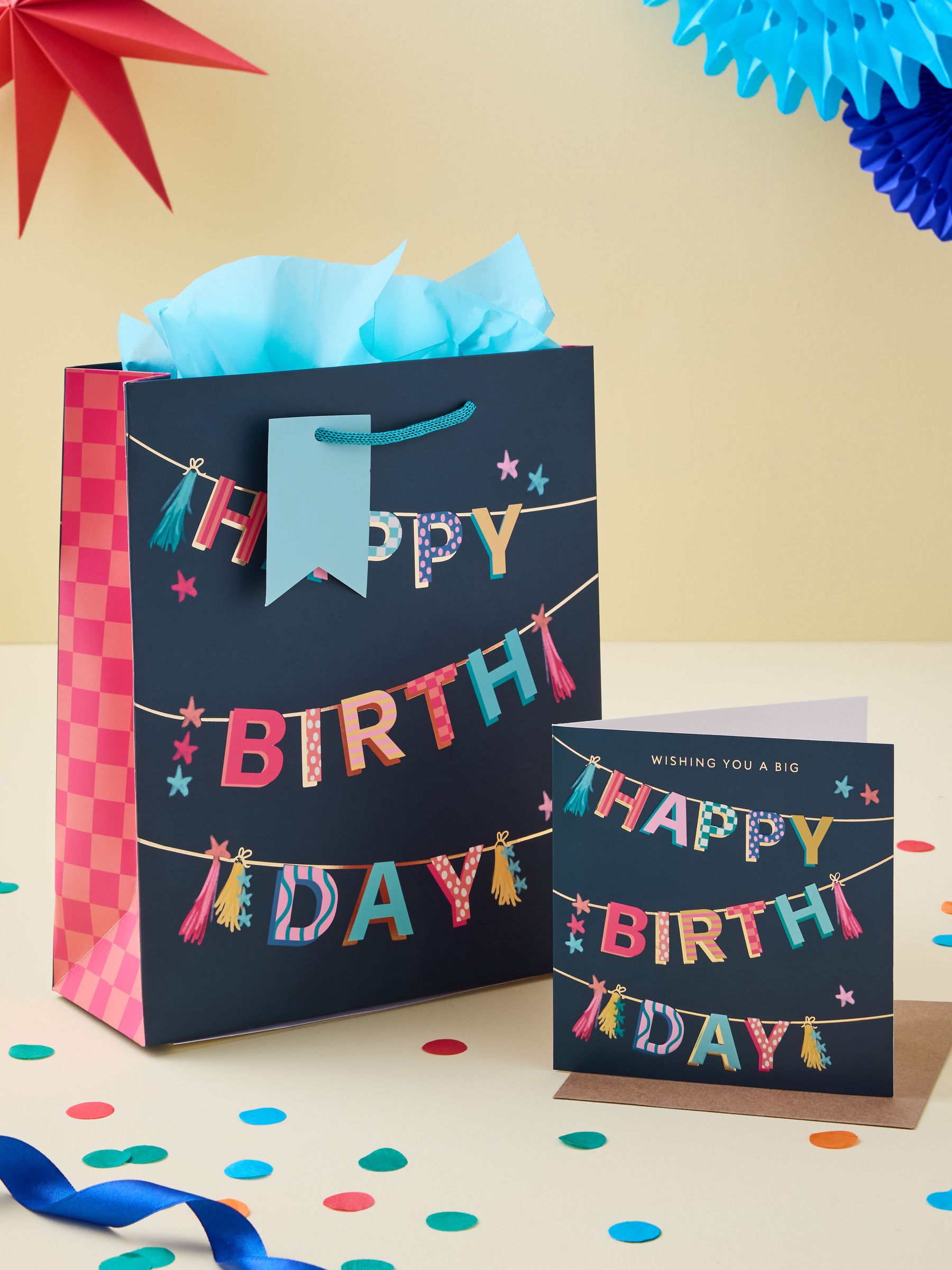 Navy medium bunting gift bag set with tissue paper and card, UK version