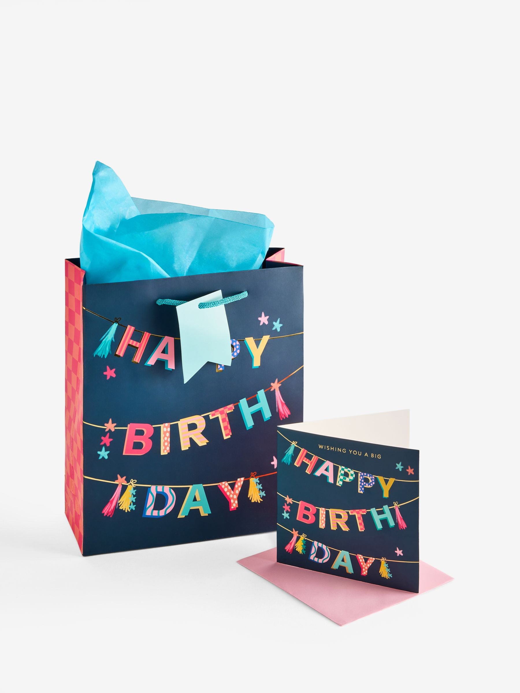Navy medium bunting gift bag set with tissue paper and card, UK version