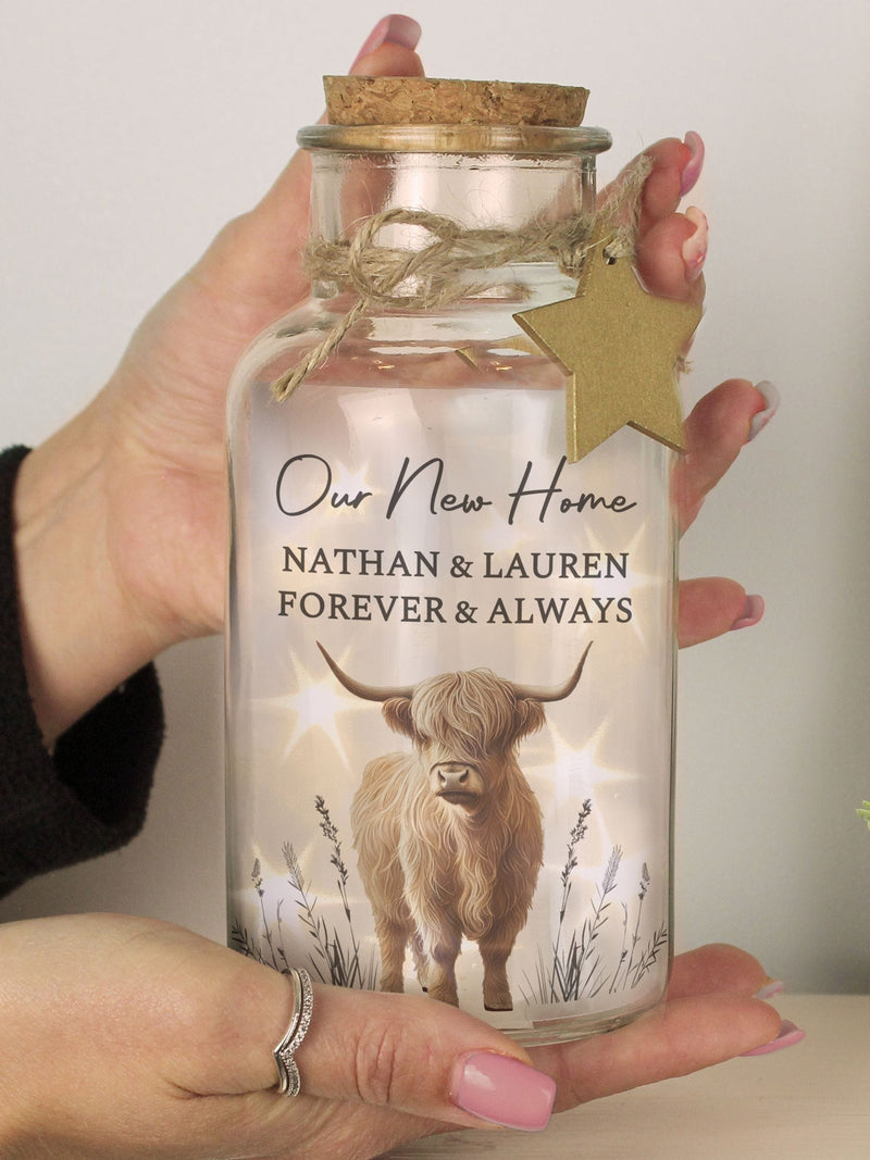 PMC Personalised Highland Cow LED Light Jar, imported from the UK
