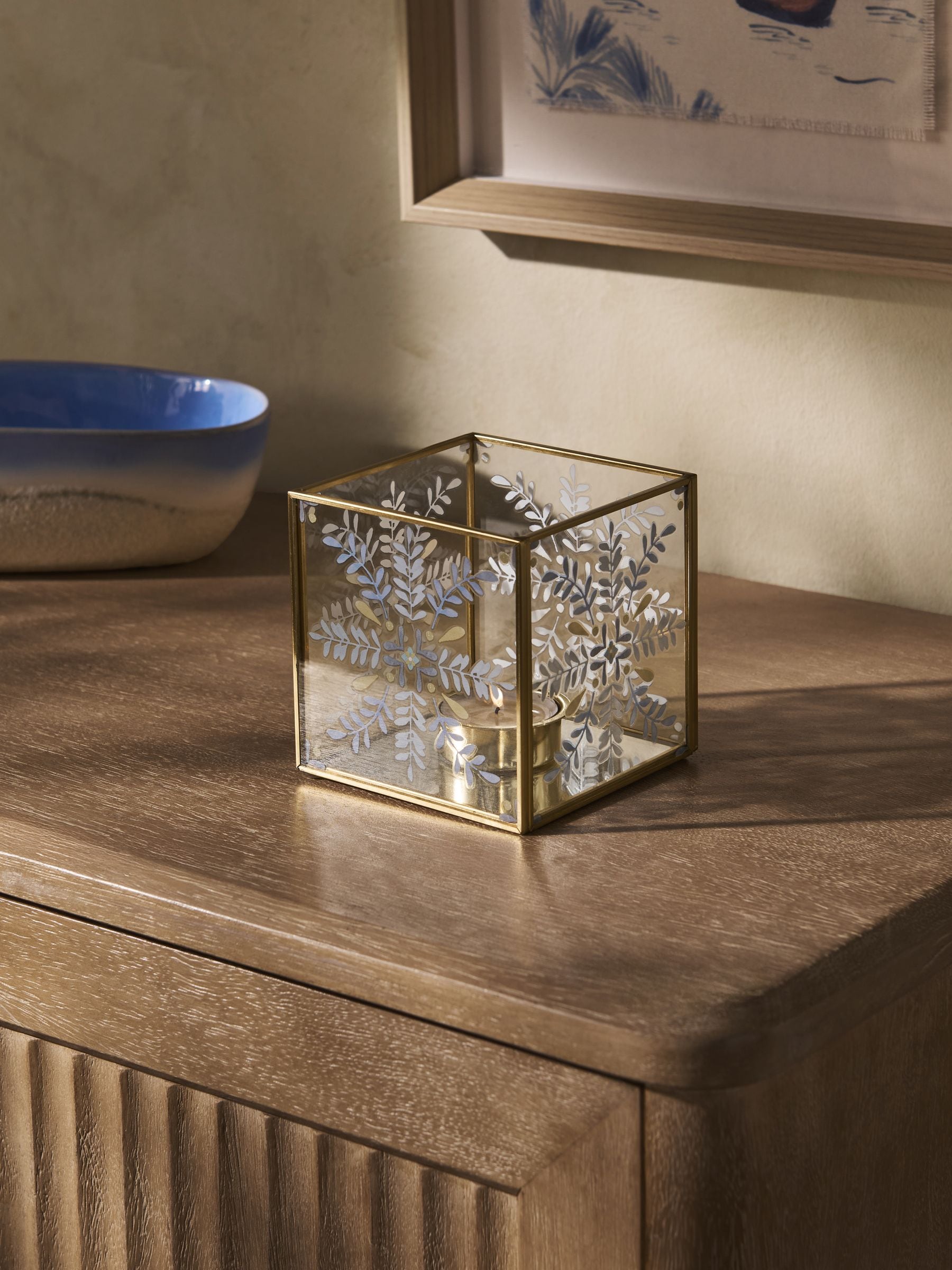 Gold metal glass folk style tea light holder 10cm - British product